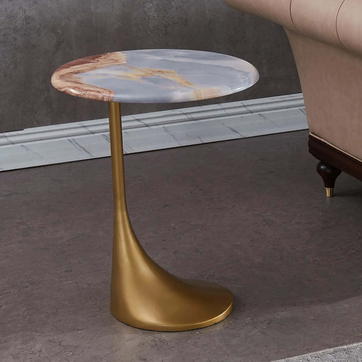 Contemporary Gold-Base Round Walnut Side Table