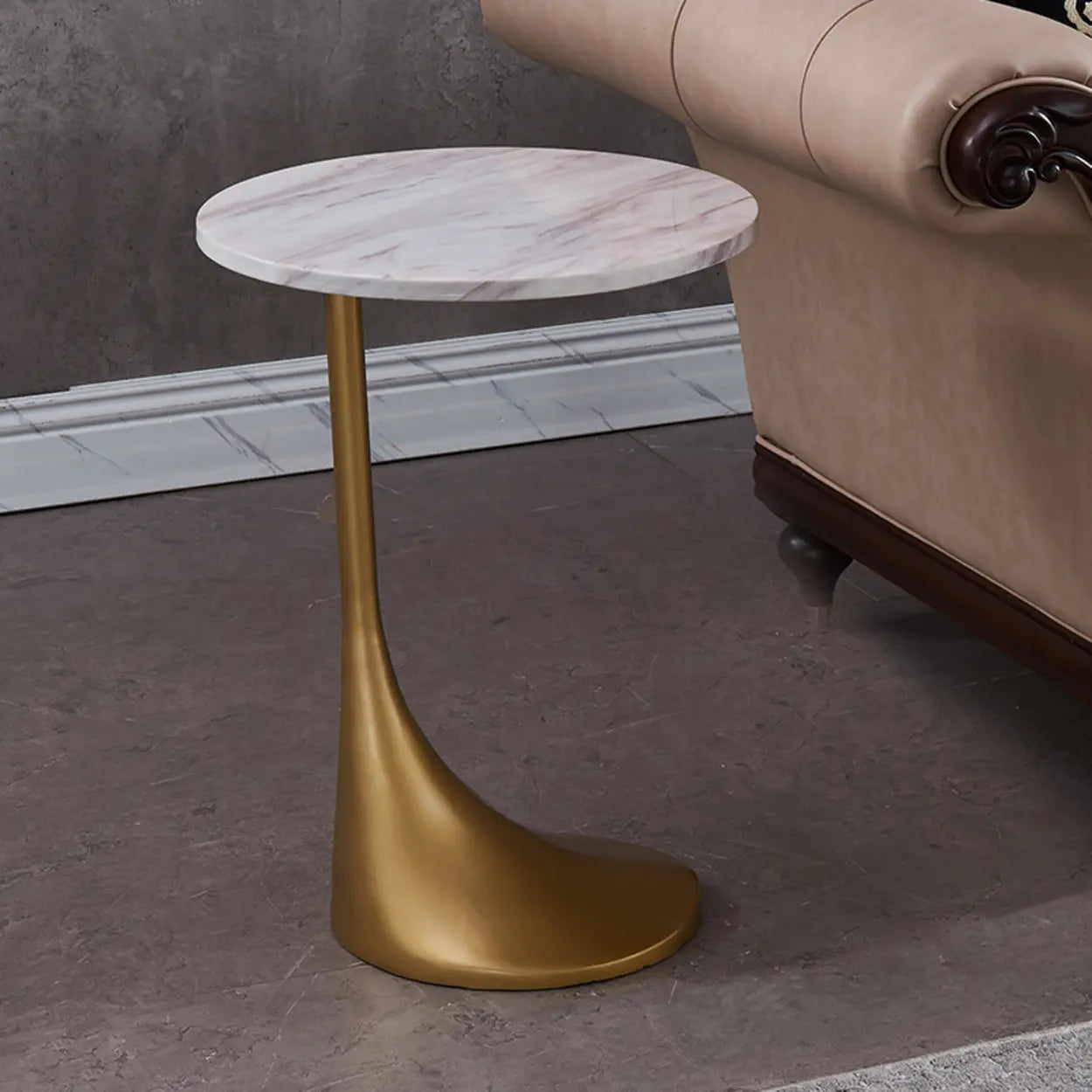 Contemporary Gold-Base Round Walnut Side Table