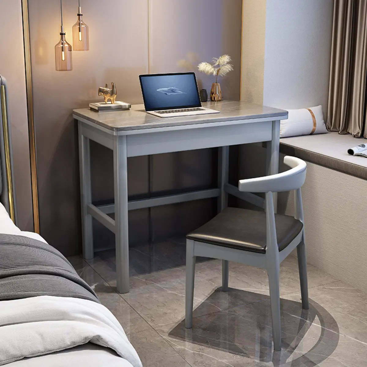 Contemporary Gray Stone Drawer H-Shape Computer Desk — Black / Without Chairs