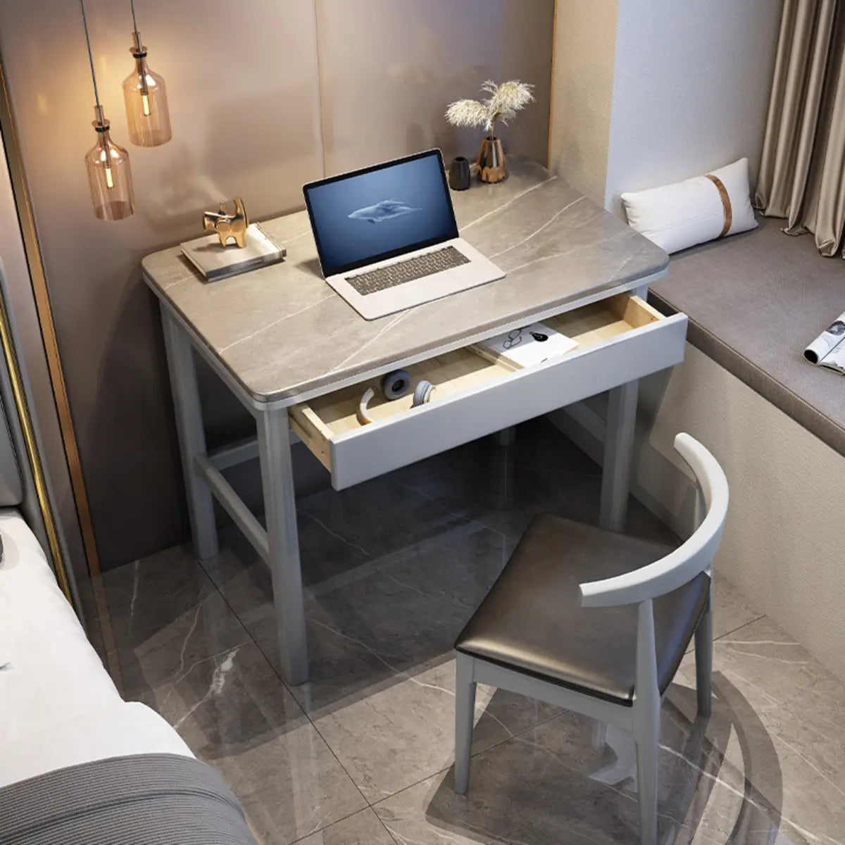Contemporary Gray Stone Drawer H-Shape Computer Desk — Black / Without Chairs
