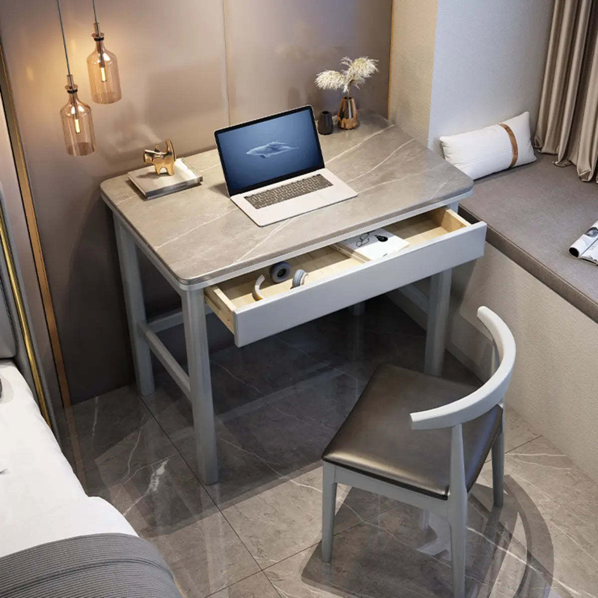 Contemporary Gray Stone Drawer H-Shape Computer Desk — Black / Without Chairs