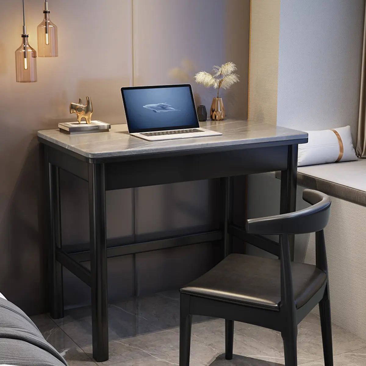 Contemporary Gray Stone Drawer H-Shape Computer Desk — Gray / Without Chairs
