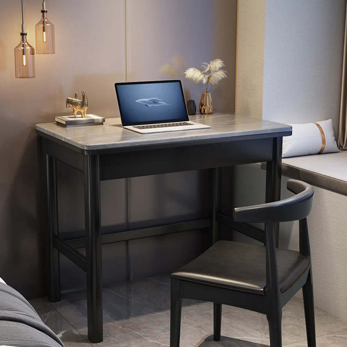 Contemporary Gray Stone Drawer H-Shape Computer Desk — Gray / Without Chairs