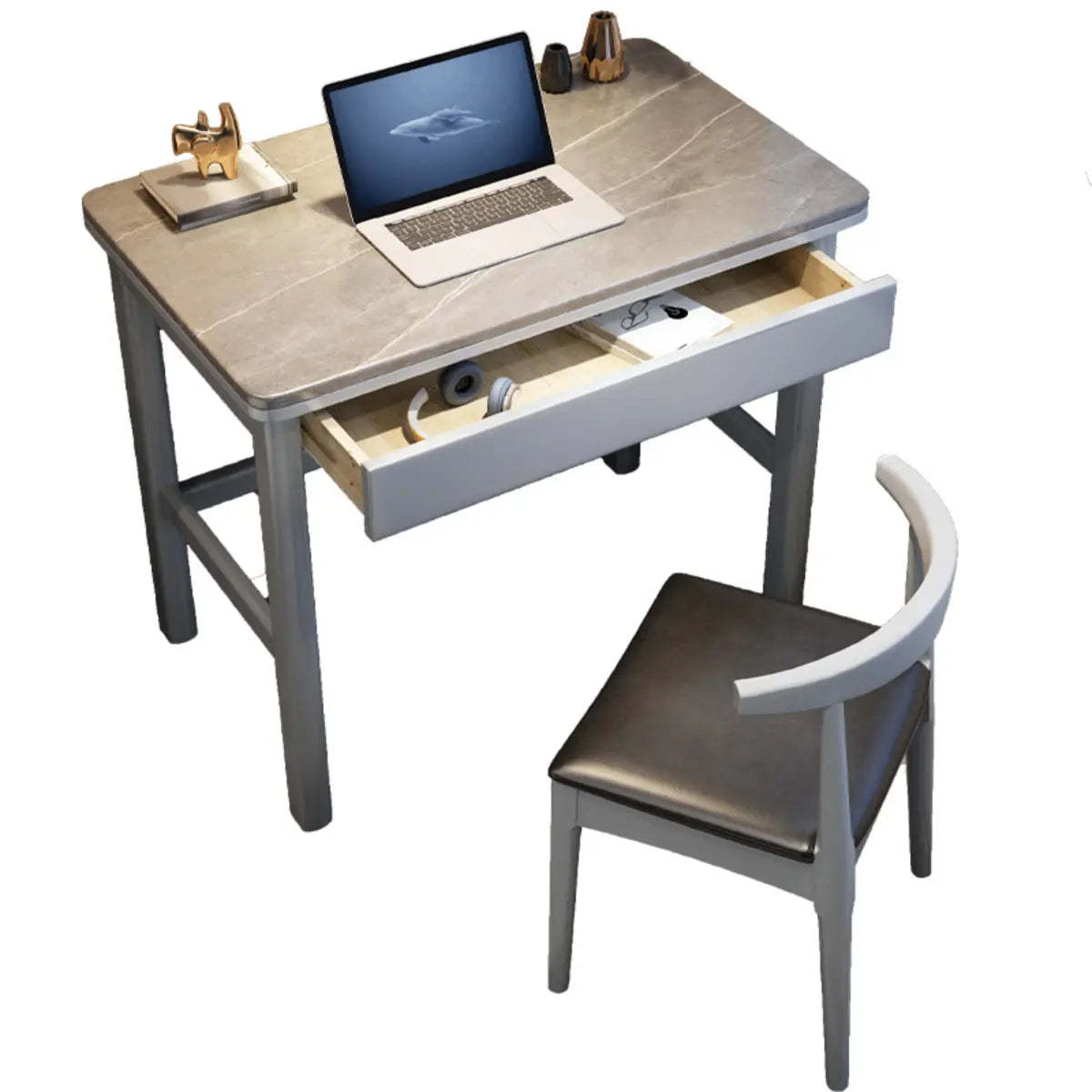 Contemporary Gray Stone Drawer H-Shape Computer Desk