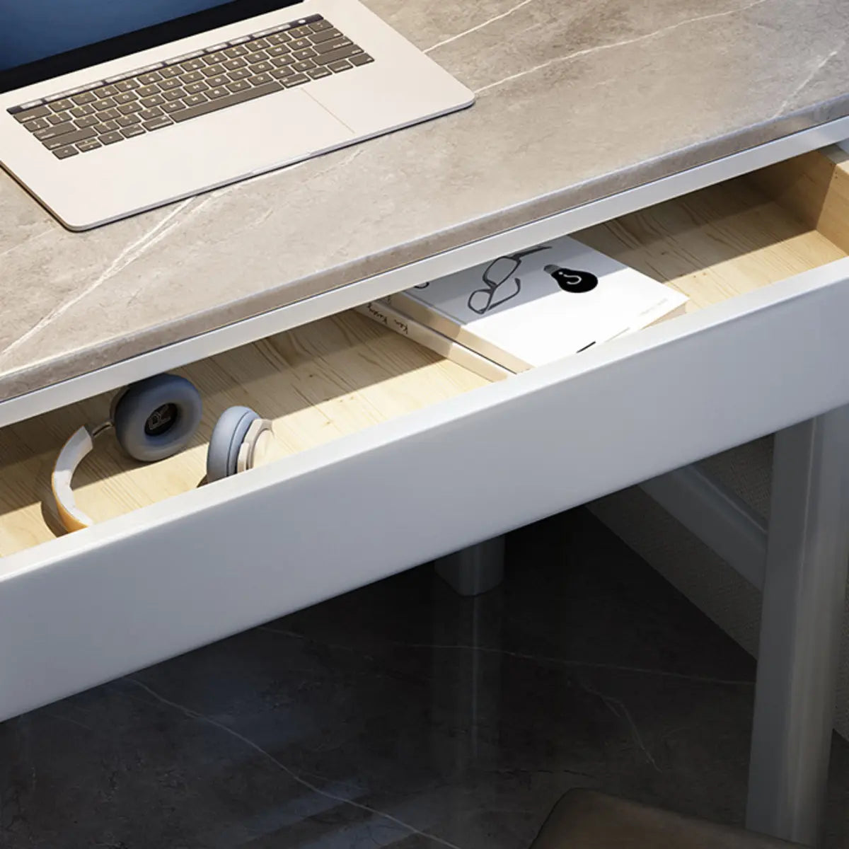Contemporary Gray Stone Drawer H-Shape Computer Desk