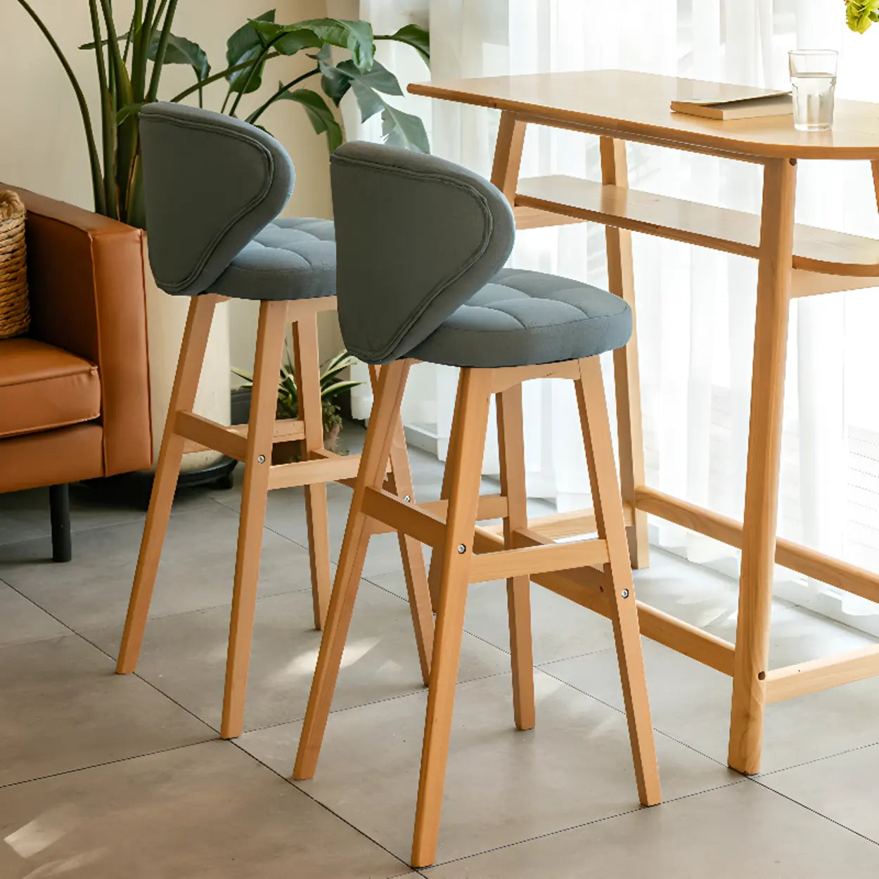 Green Upholstered Bucket Bar Stool with Backrest