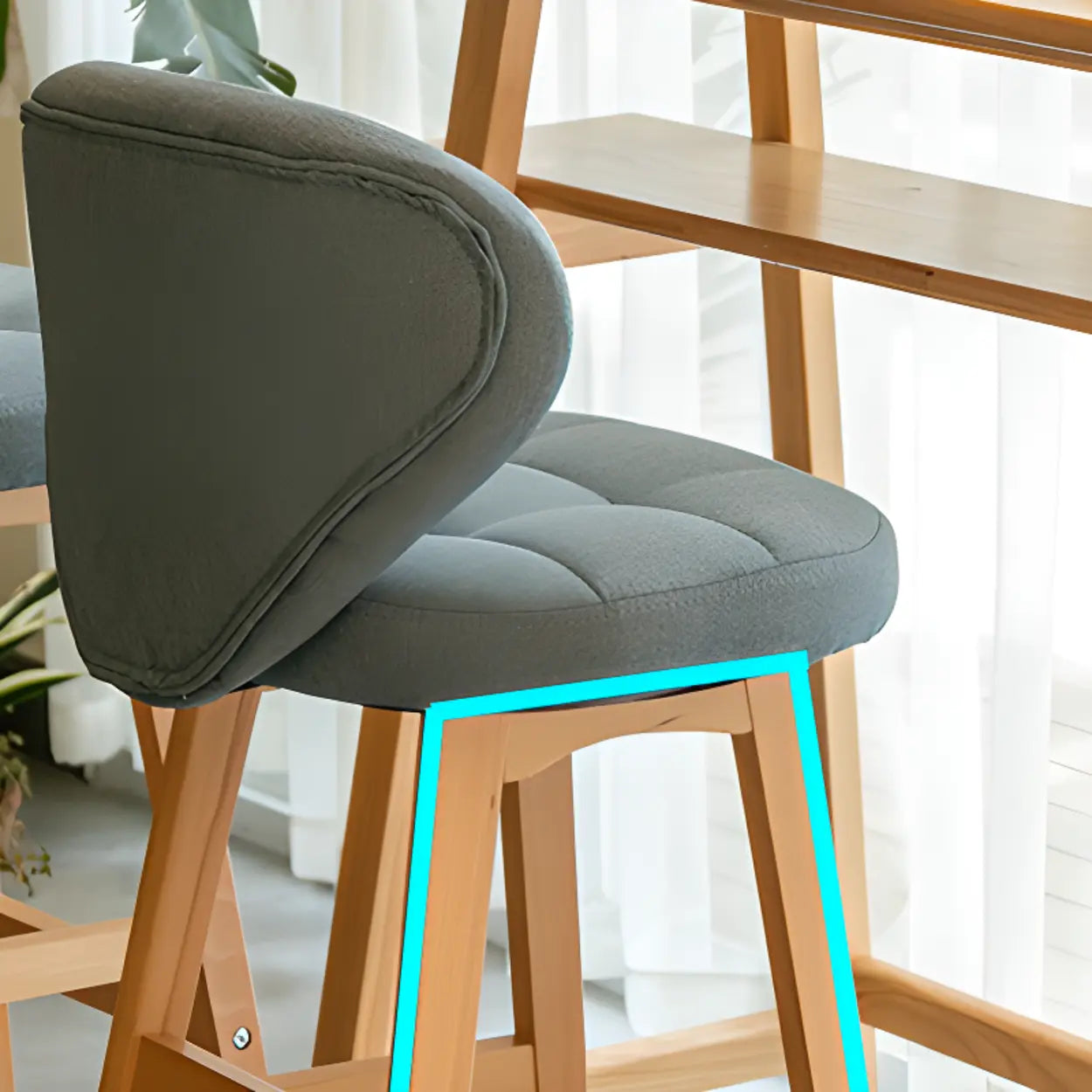 Green Upholstered Bucket Bar Stool with Backrest — Lake Blue / Natural