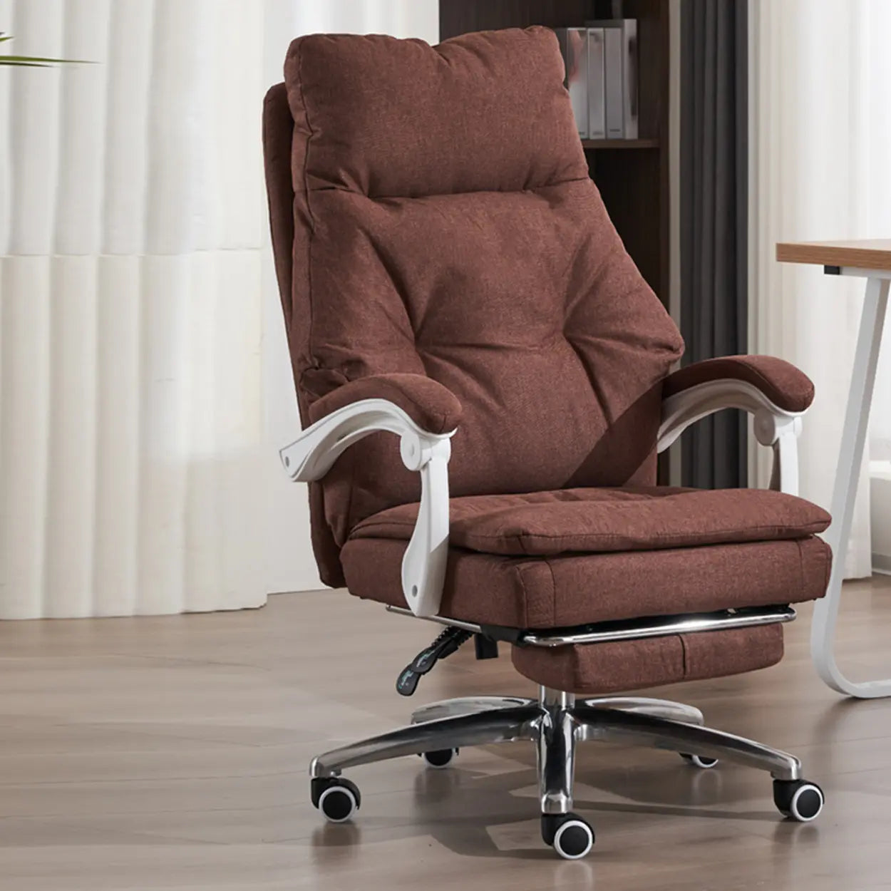 Contemporary High-Back Fabric Recline Office Chair — Coffee / Metal / Without Footrest