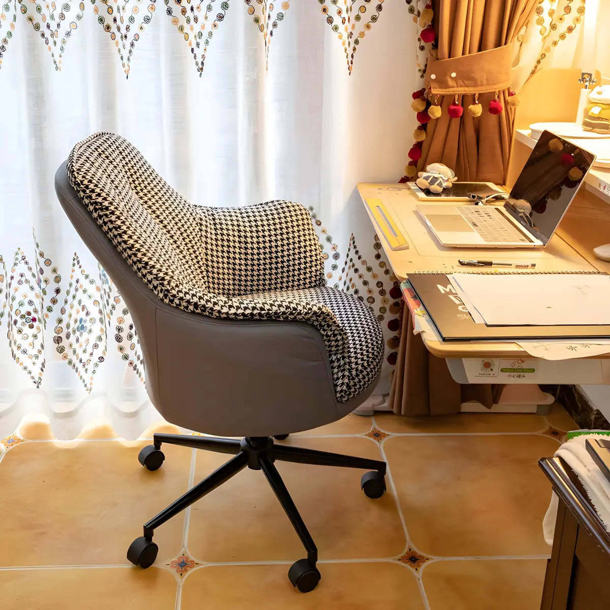 Contemporary Houndstooth Office Chair with Wheels — 2 Piece Set / Grey / Nylon
