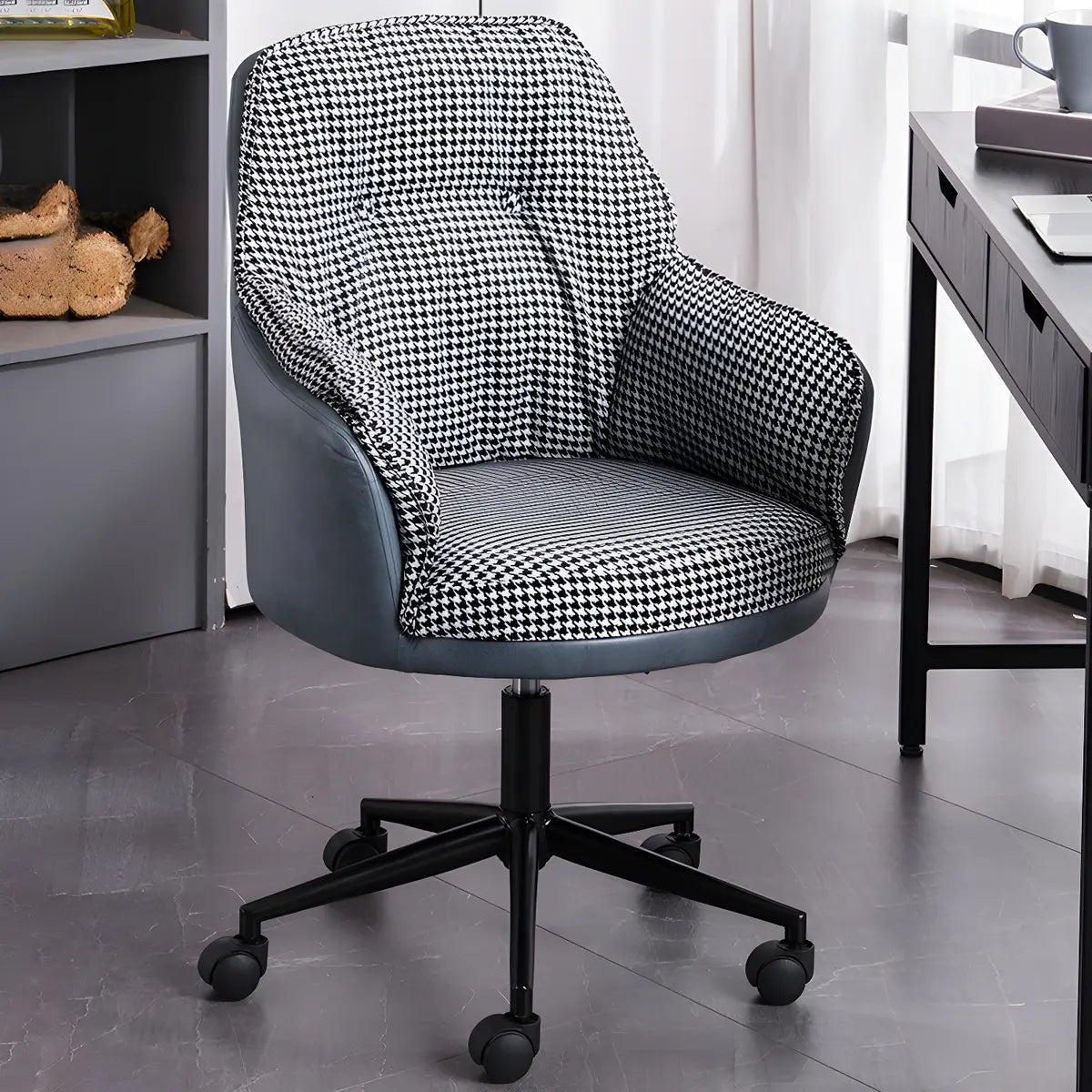 Contemporary Houndstooth Office Chair with Wheels — 2 Piece Set / Pink / Steel