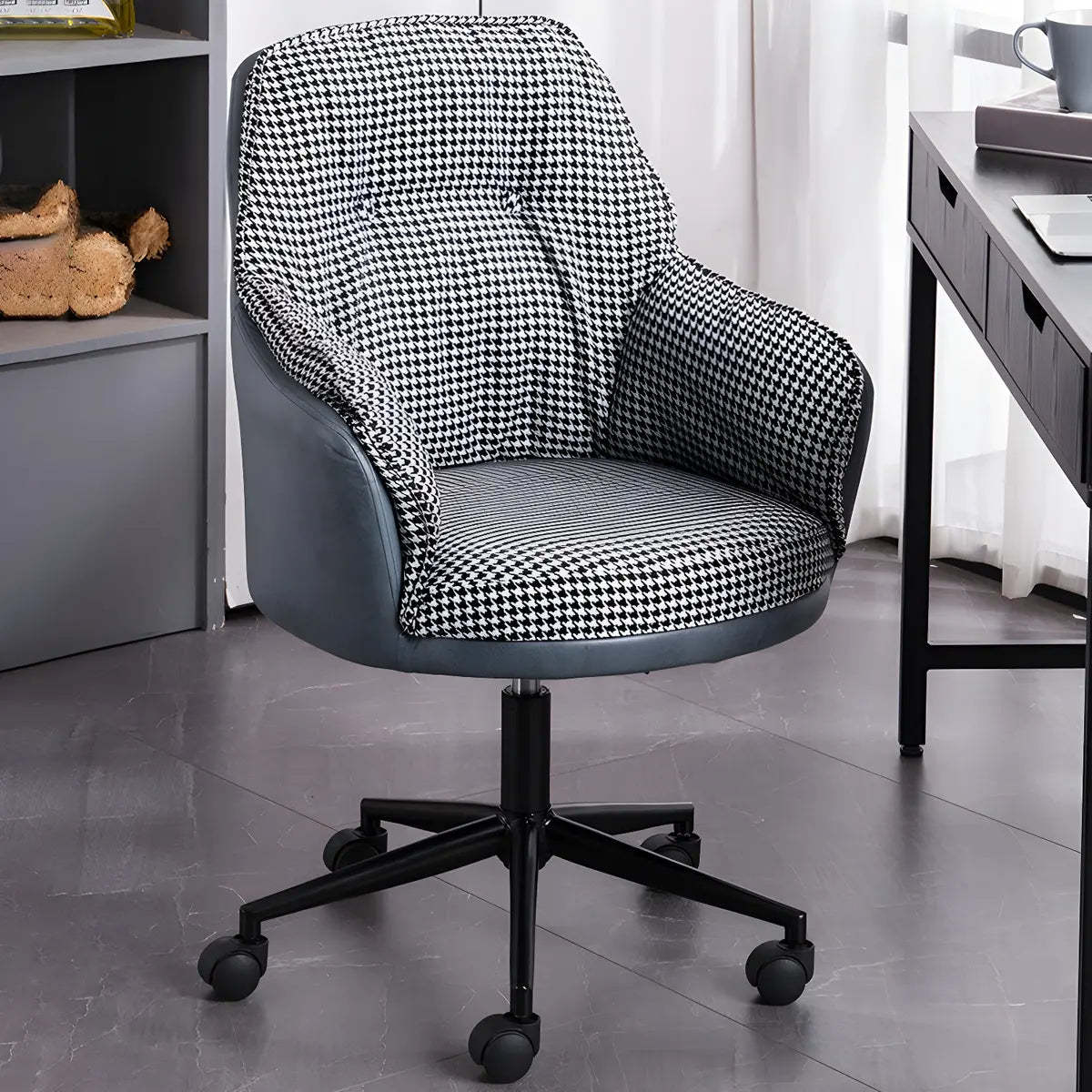Contemporary Houndstooth Office Chair with Wheels — 2 Piece Set / Pink / Steel