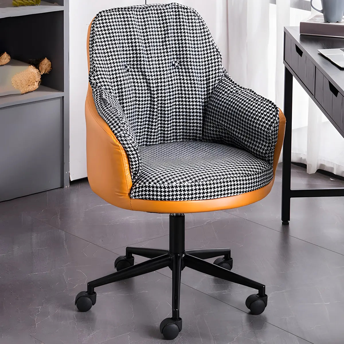 Contemporary Houndstooth Office Chair with Wheels — 4 Piece Set / Light Gray / Steel