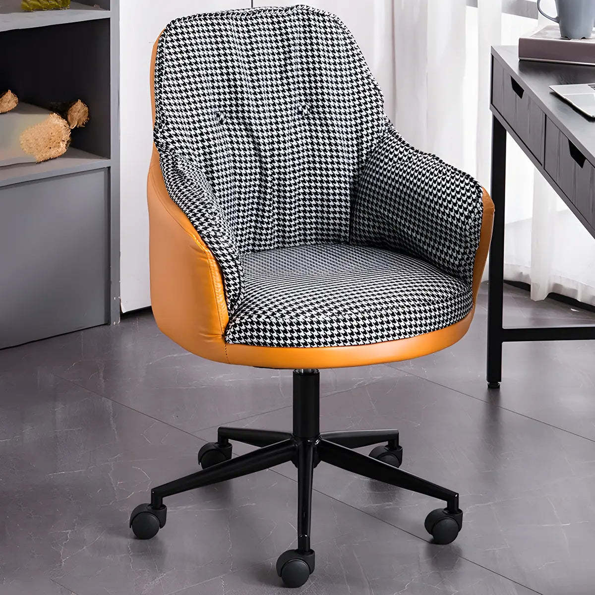Contemporary Houndstooth Office Chair with Wheels — 4 Piece Set / Light Gray / Steel