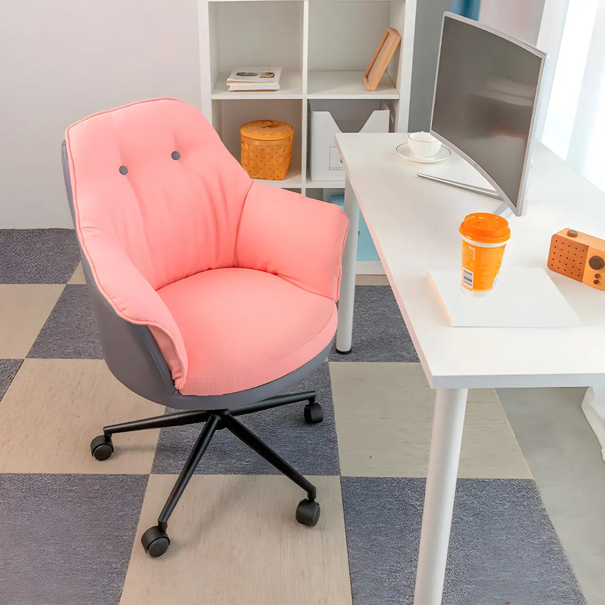 Contemporary Houndstooth Office Chair with Wheels — 4 Piece Set / Pink / Steel