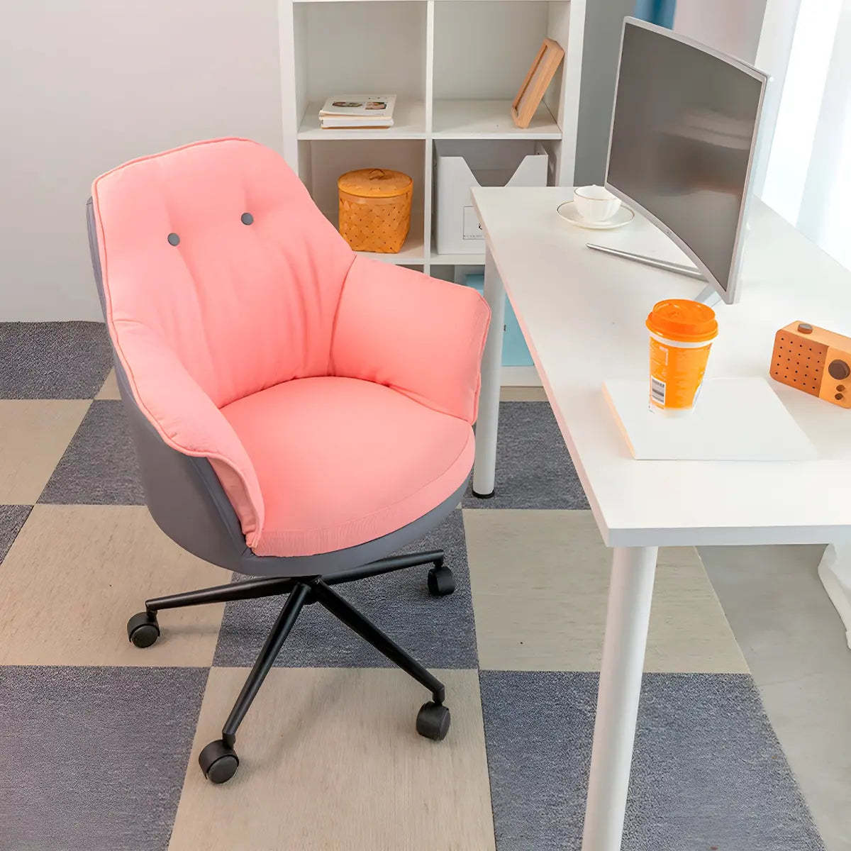 Contemporary Houndstooth Office Chair with Wheels — 4 Piece Set / Pink / Steel