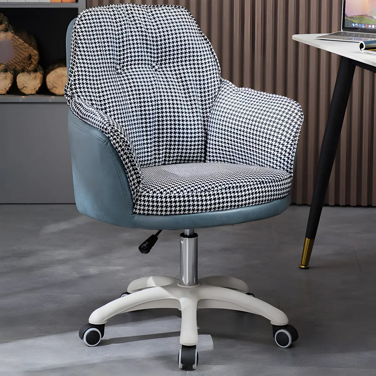 Contemporary Houndstooth Office Chair with Wheels — 8 Piece Set / Off-White / Steel