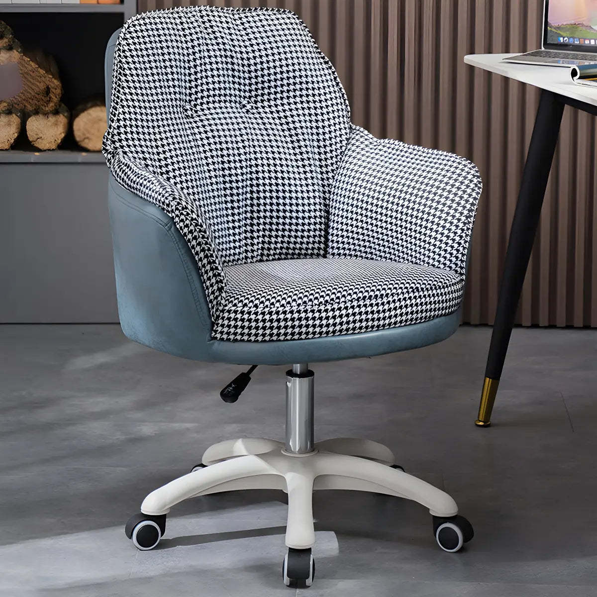 Contemporary Houndstooth Office Chair with Wheels — 8 Piece Set / Off-White / Steel