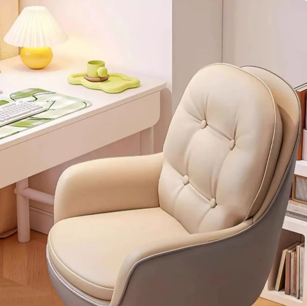 Contemporary Ivory Wood Frame Ergonomic Leather Office Chair