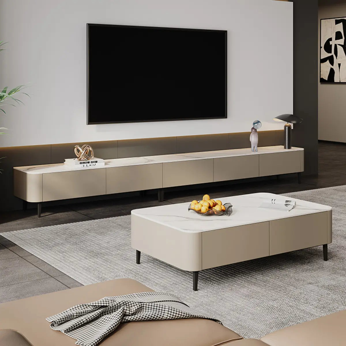Contemporary Khaki Stone Long TV Stand with Drawers