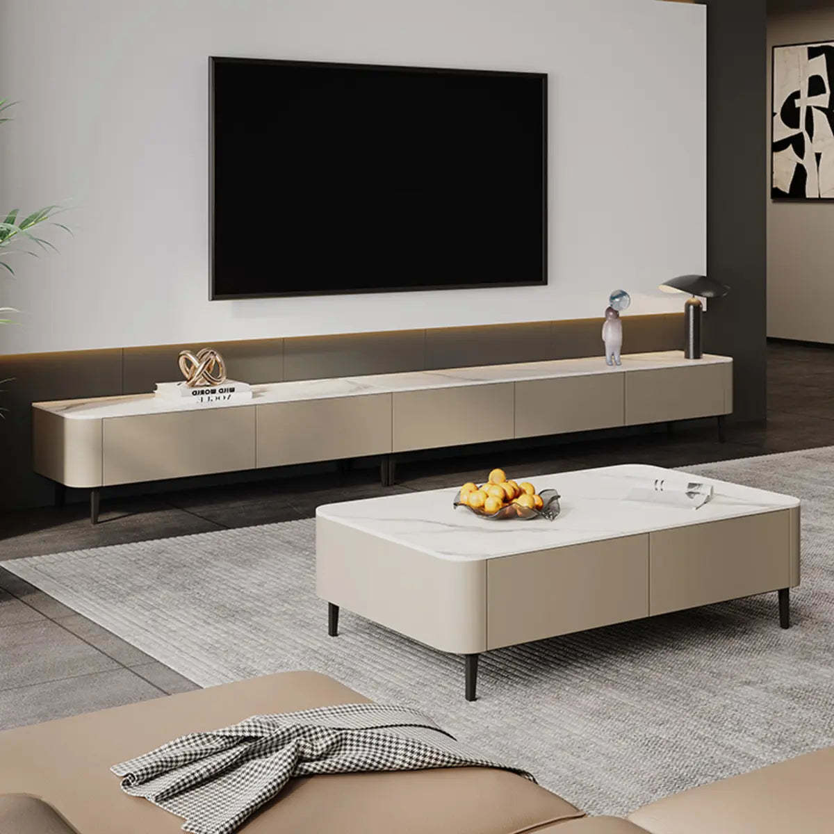 Contemporary Khaki Stone Long TV Stand with Drawers