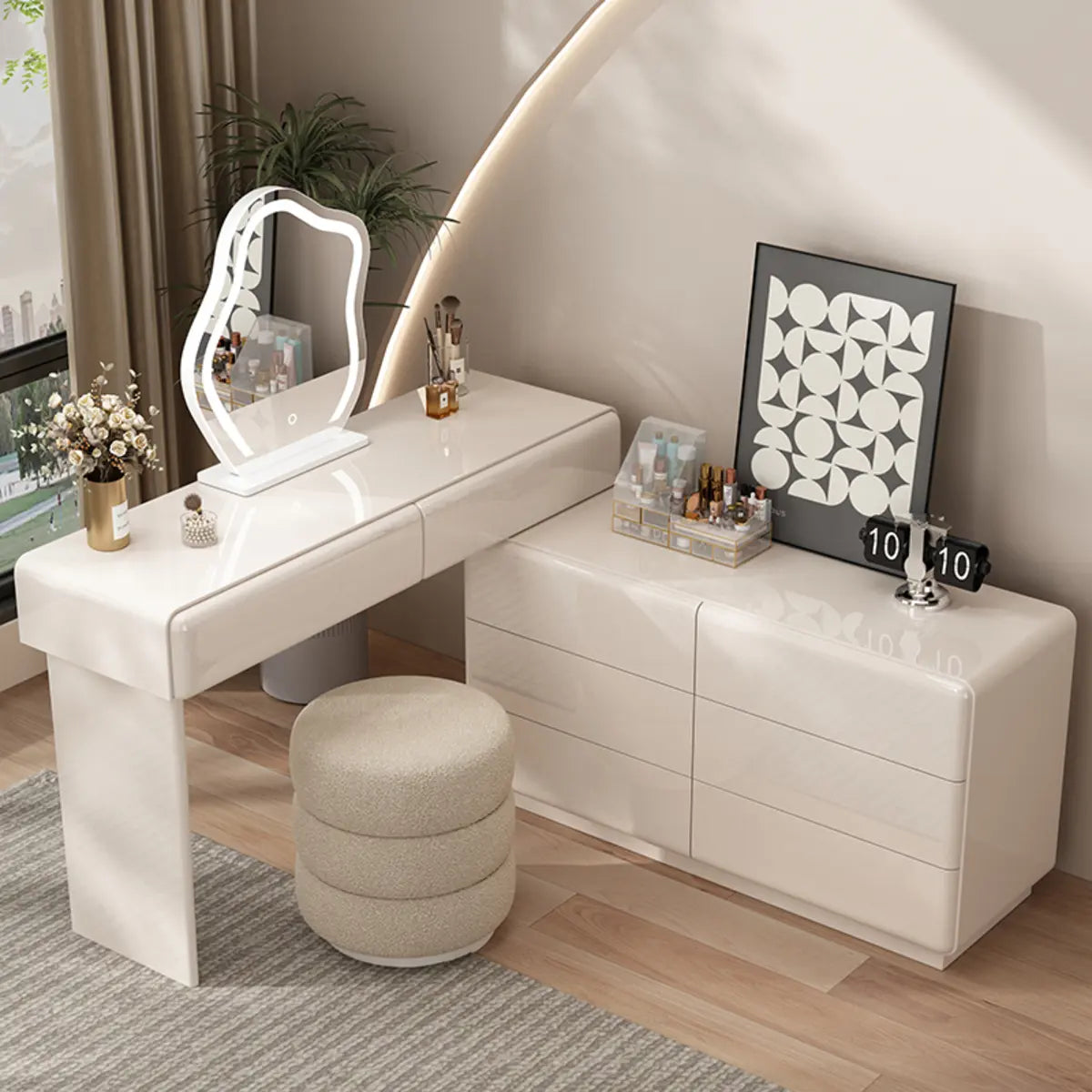 Contemporary L-Shape White Vanity Set with Mirror and Stool