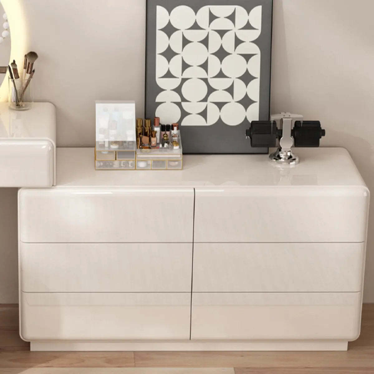 Contemporary L-Shape White Vanity Set with Mirror and Stool