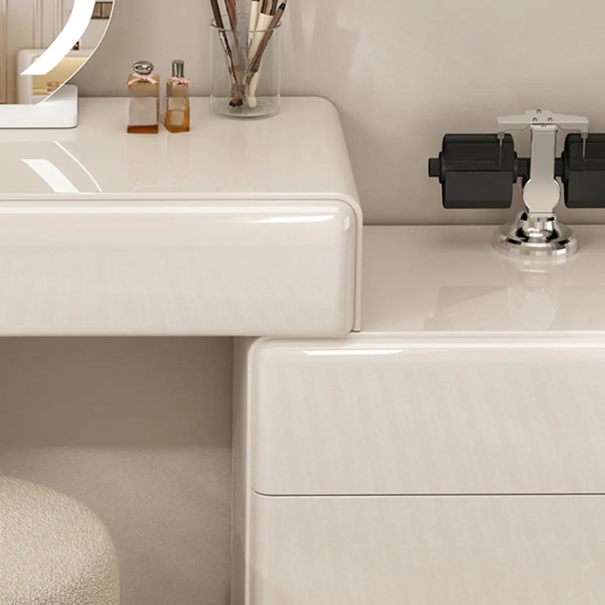 Contemporary L-Shape White Vanity Set with Mirror and Stool