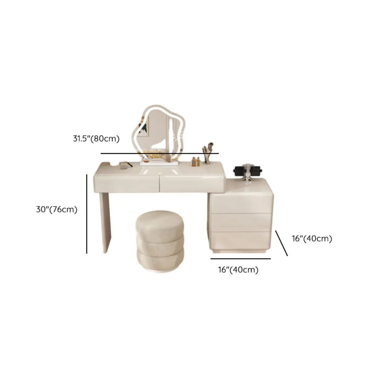 Contemporary L-Shape White Vanity Set with Mirror and Stool