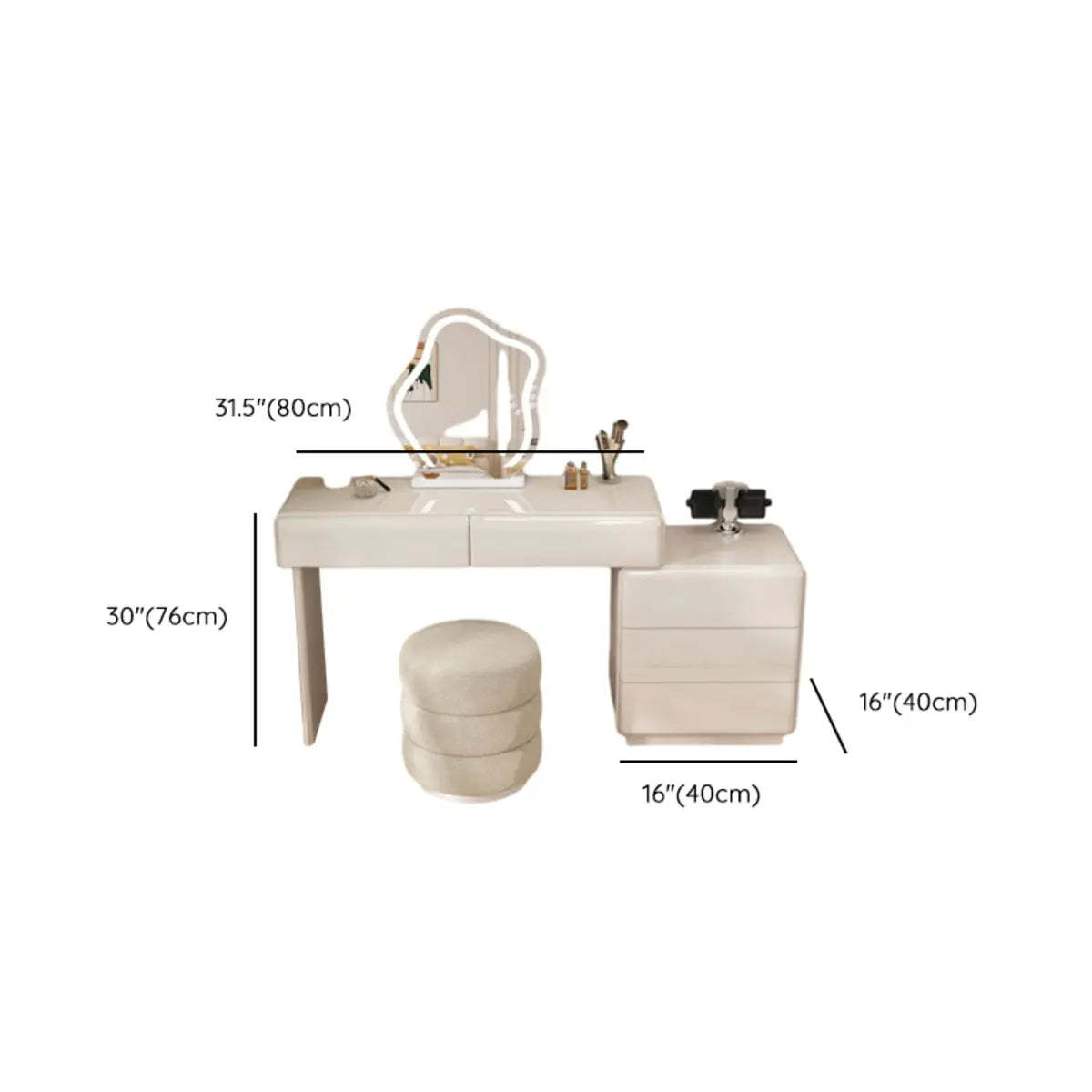 Contemporary L-Shape White Vanity Set with Mirror and Stool