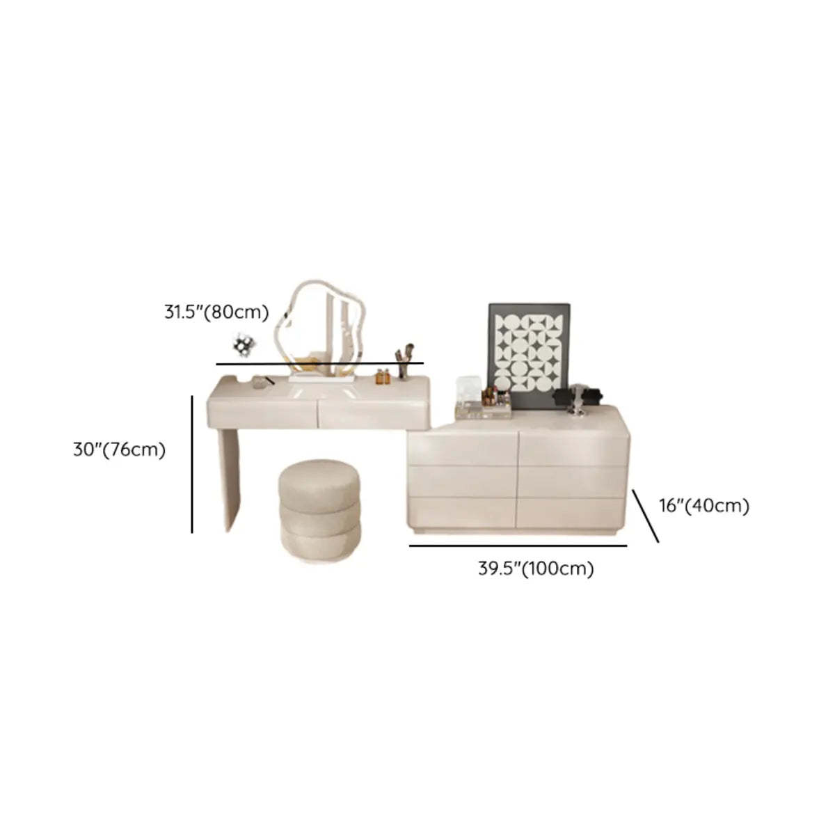 Contemporary L-Shape White Vanity Set with Mirror and Stool