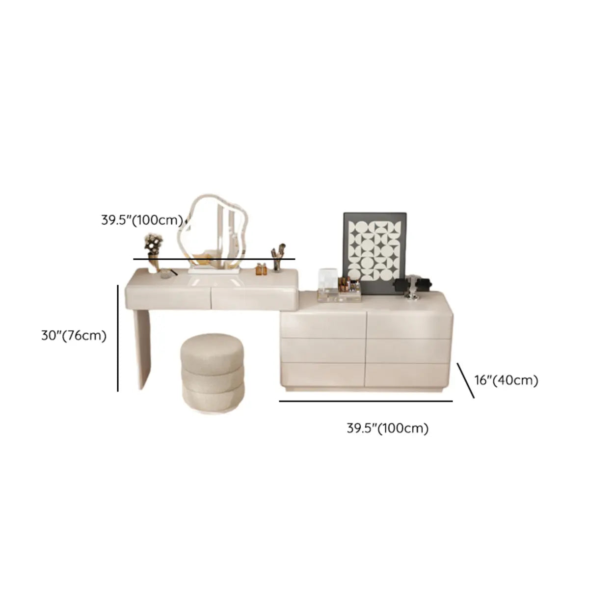 Contemporary L-Shape White Vanity Set with Mirror and Stool