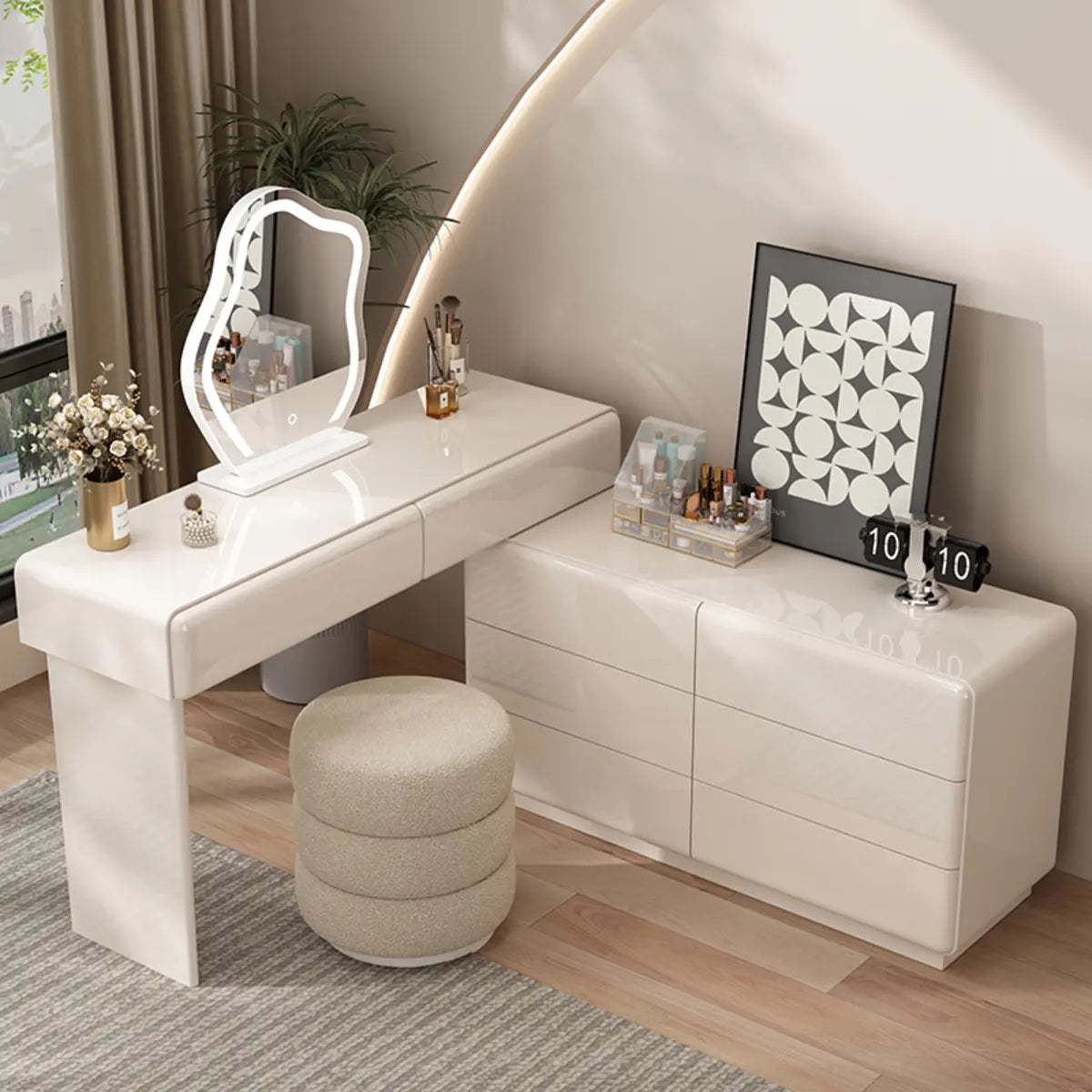 Contemporary L-Shape White Vanity Set with Mirror and Stool