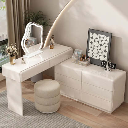 Contemporary L-Shape White Vanity Set with Mirror and Stool
