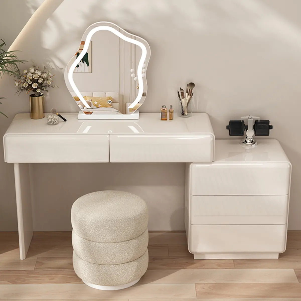 Contemporary L-Shape White Vanity Set with Mirror and Stool