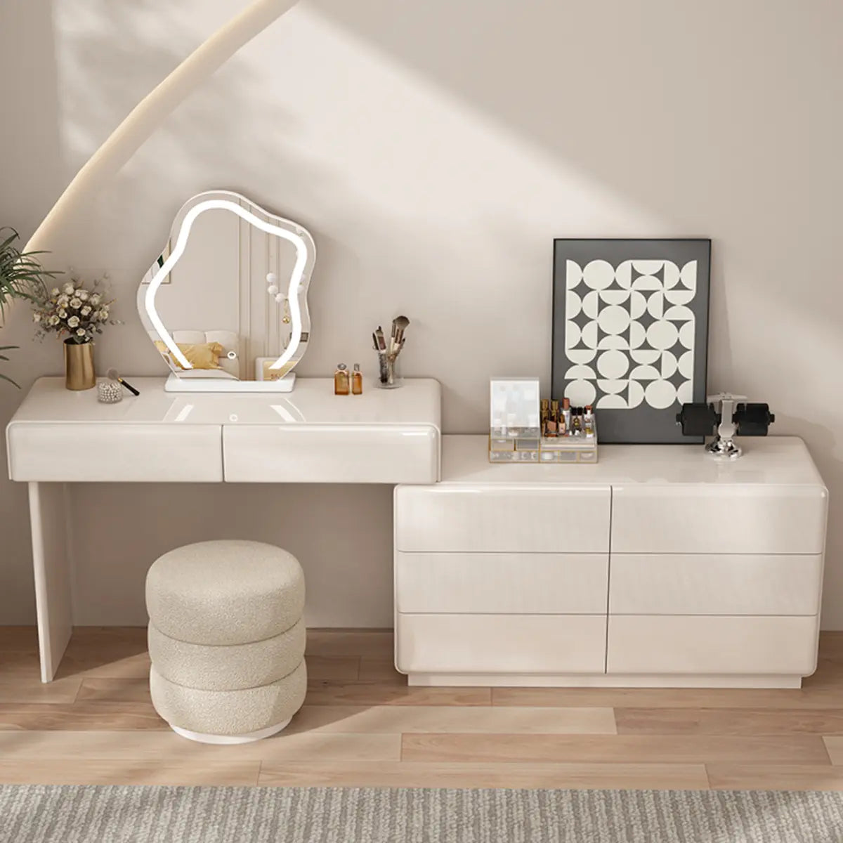 Contemporary L-Shape White Vanity Set with Mirror and Stool