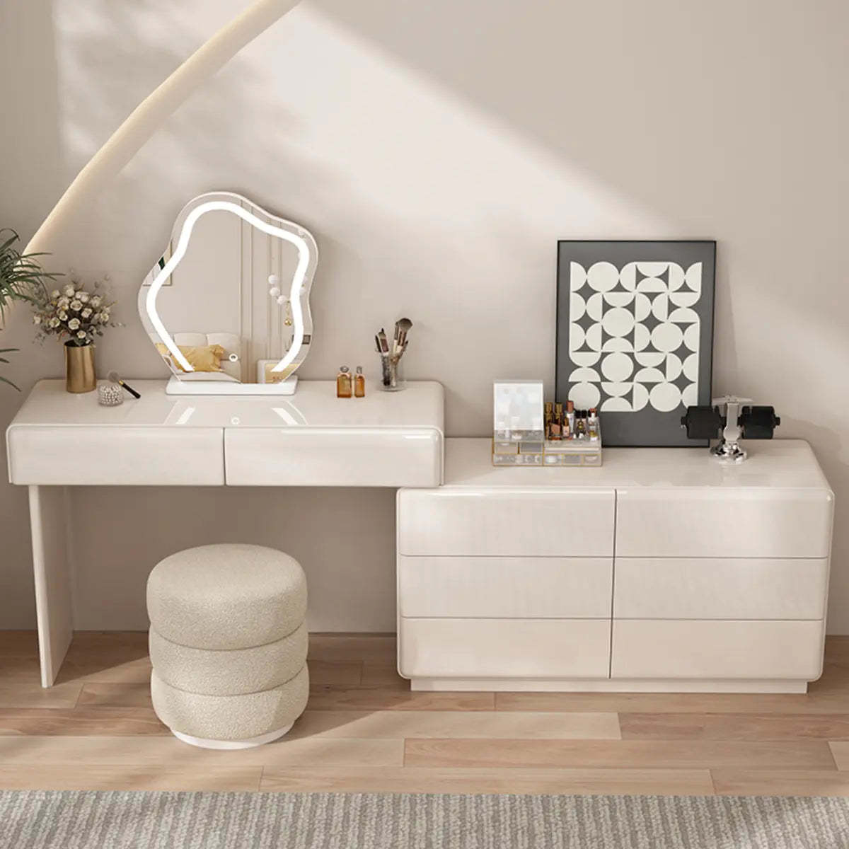 Contemporary L-Shape White Vanity Set with Mirror and Stool