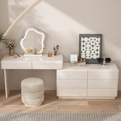 Contemporary L-Shape White Vanity Set with Mirror and Stool
