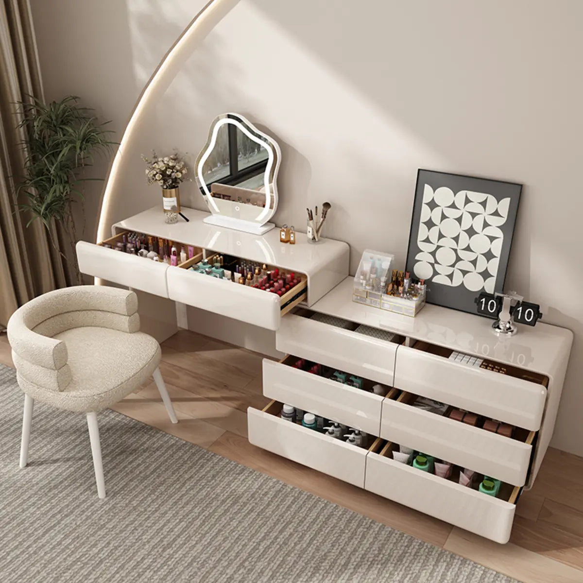 Contemporary L-Shape White Vanity Set with Mirror and Stool