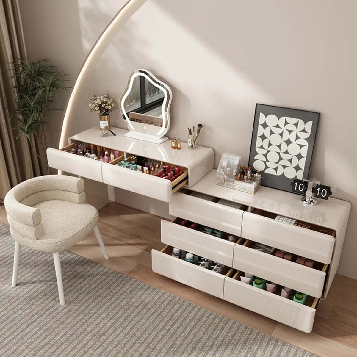 Contemporary L-Shape White Vanity Set with Mirror and Stool