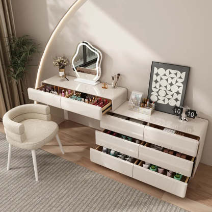 Contemporary L-Shape White Vanity Set with Mirror and Stool