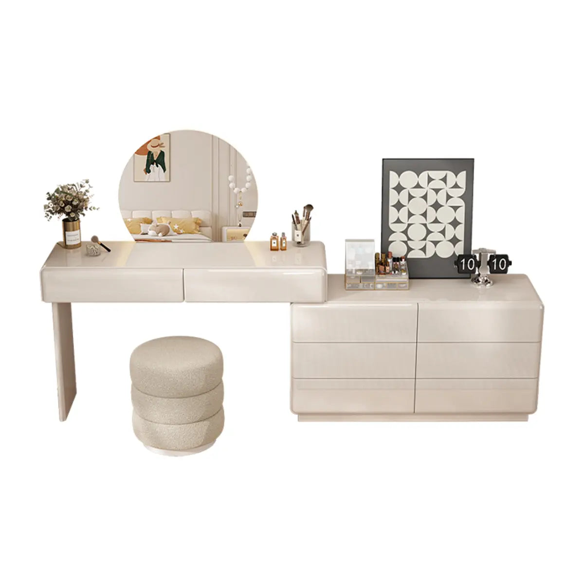 Contemporary L-Shape White Vanity Set with Mirror and Stool