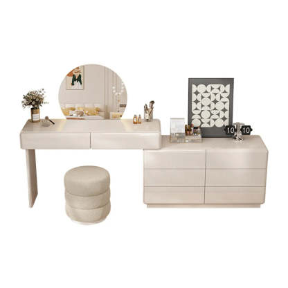 Contemporary L-Shape White Vanity Set with Mirror and Stool