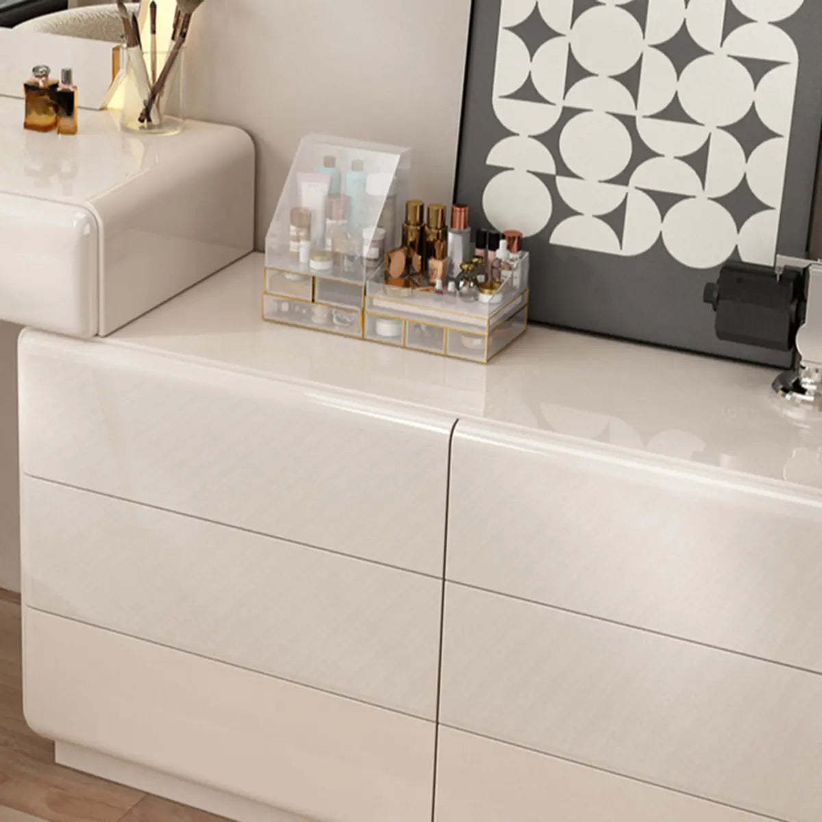 Contemporary L-Shape White Vanity Set with Mirror and Stool