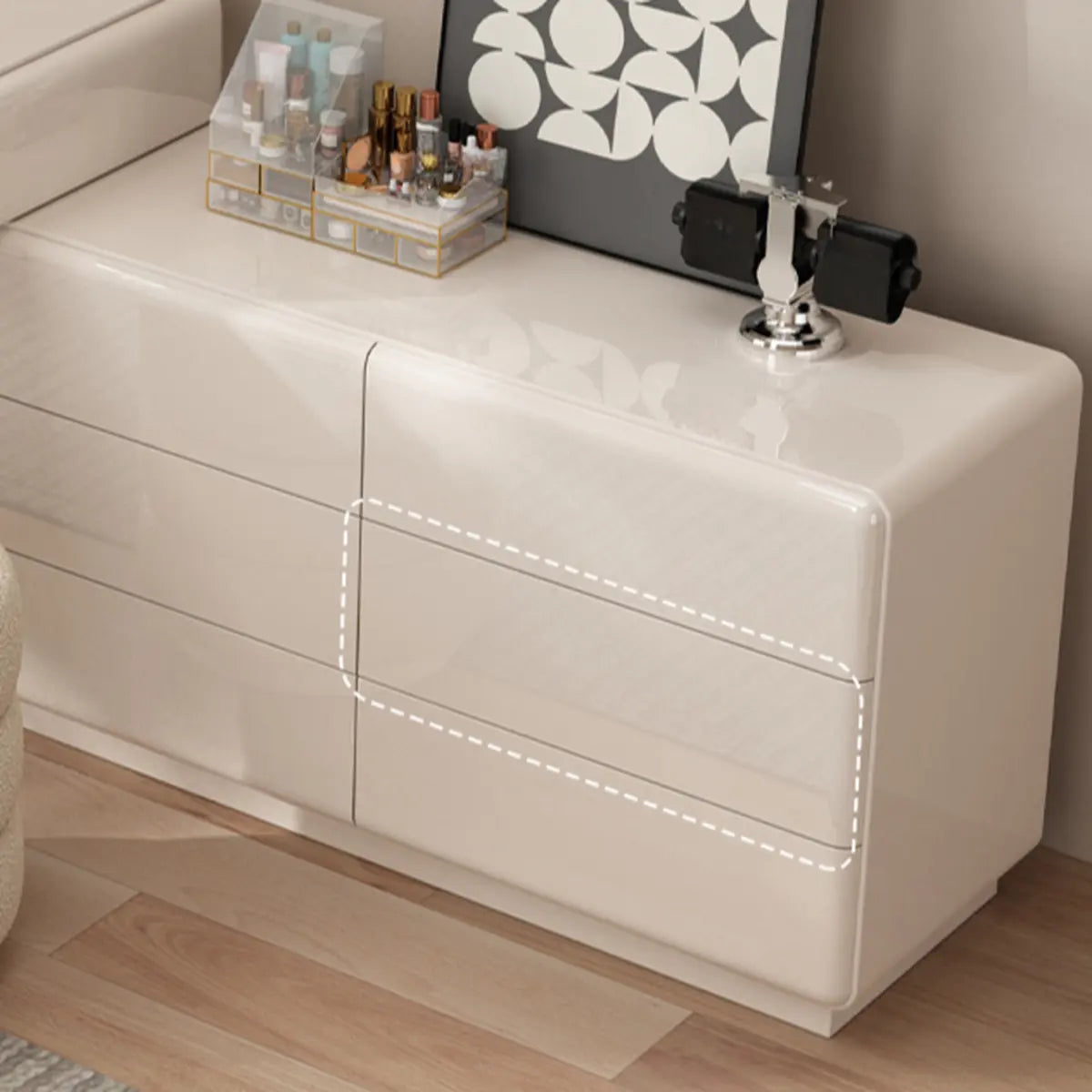 Contemporary L-Shape White Vanity Set with Mirror and Stool