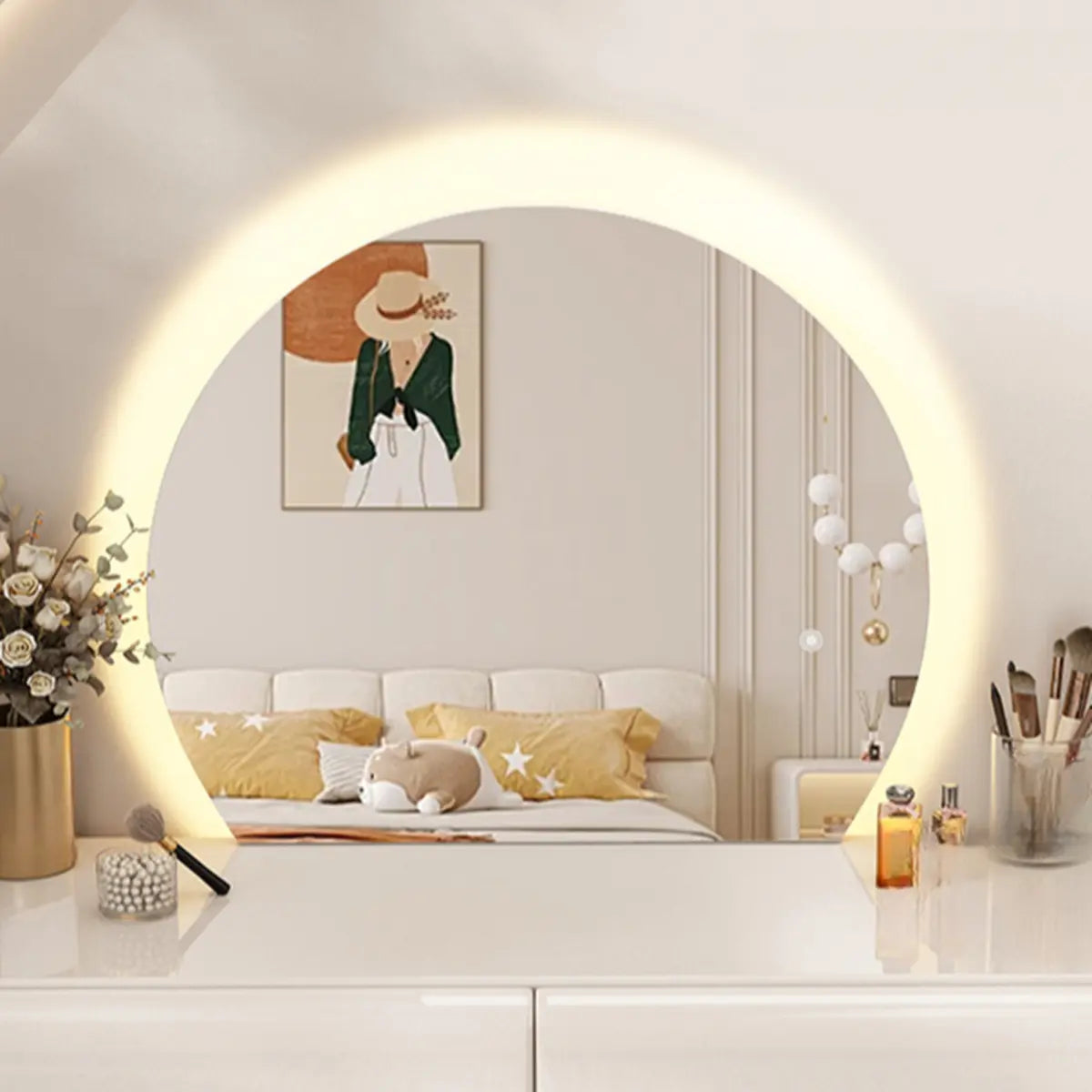 Contemporary L-Shape White Vanity Set with Mirror and Stool