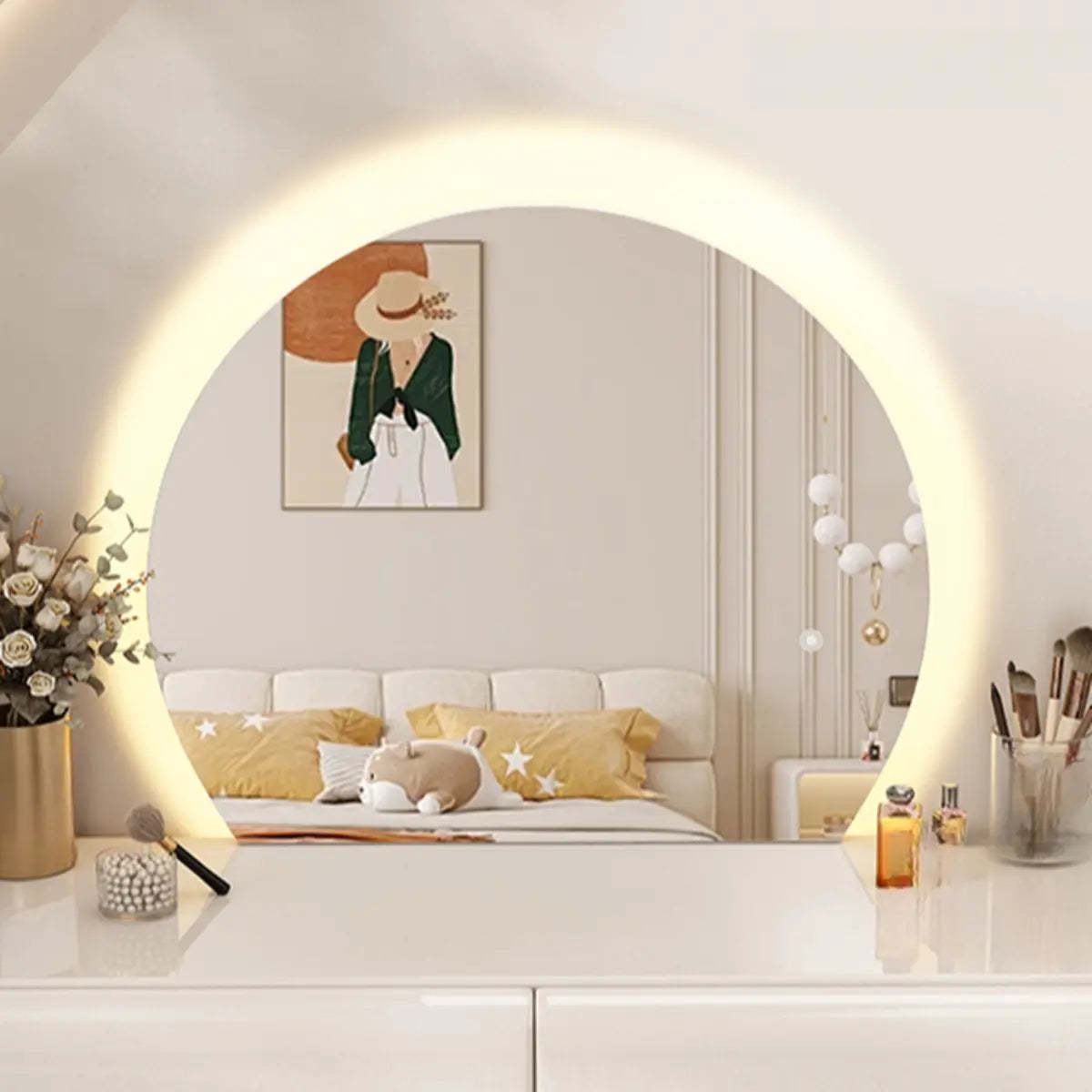 Contemporary L-Shape White Vanity Set with Mirror and Stool