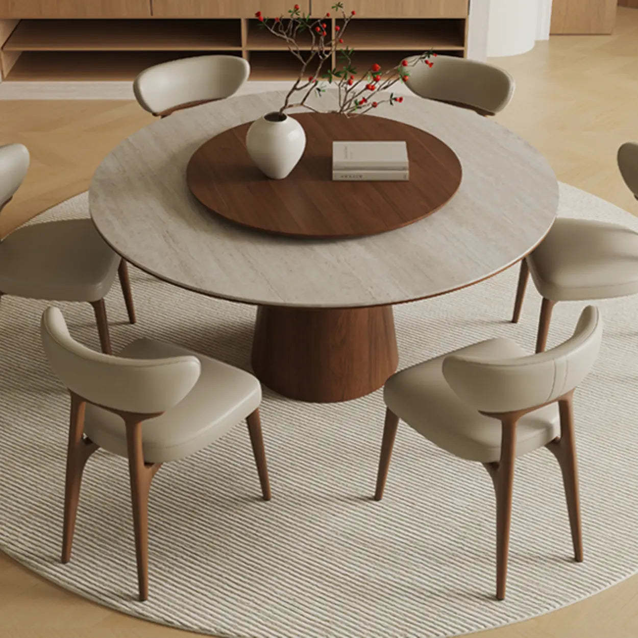 Contemporary Lazy Susan Rotating Round Dining Table — Beige / Table Only