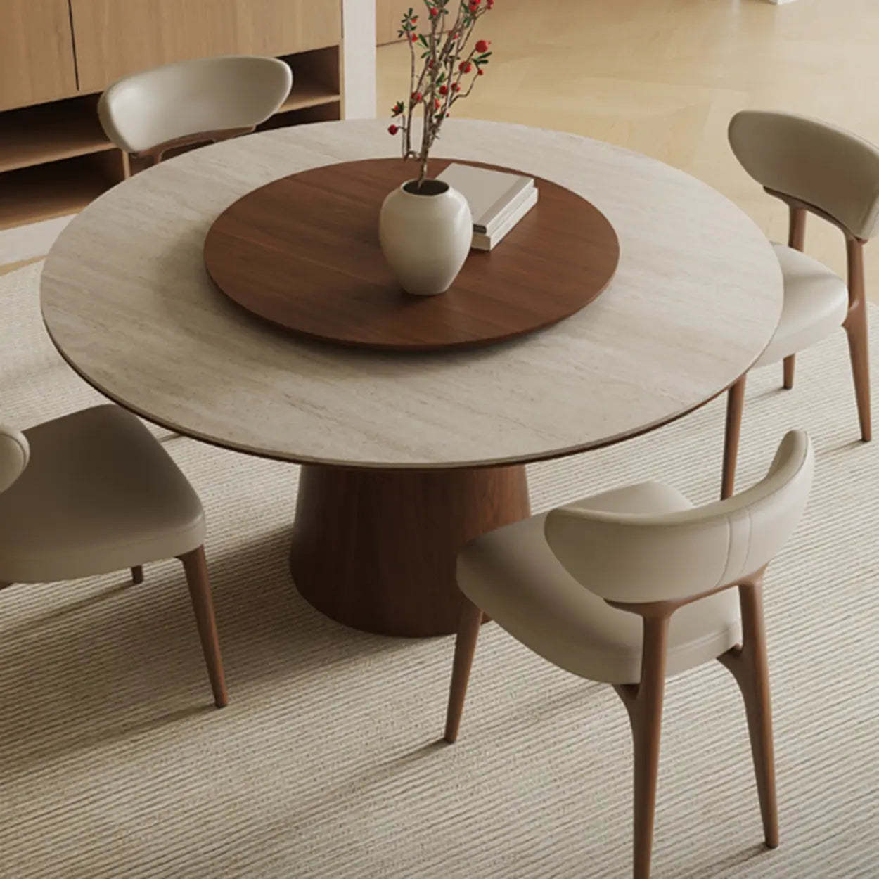 Contemporary Lazy Susan Rotating Round Dining Table — Beige / Table Only