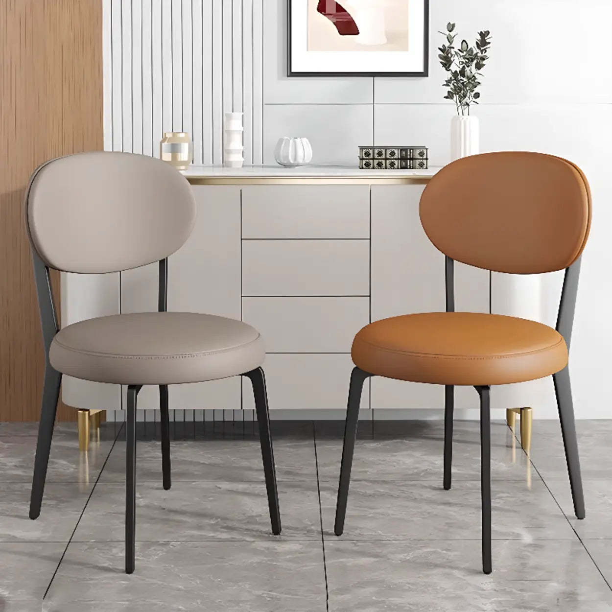 Contemporary Leather Curved Back Dining Chair — Off-White / Black
