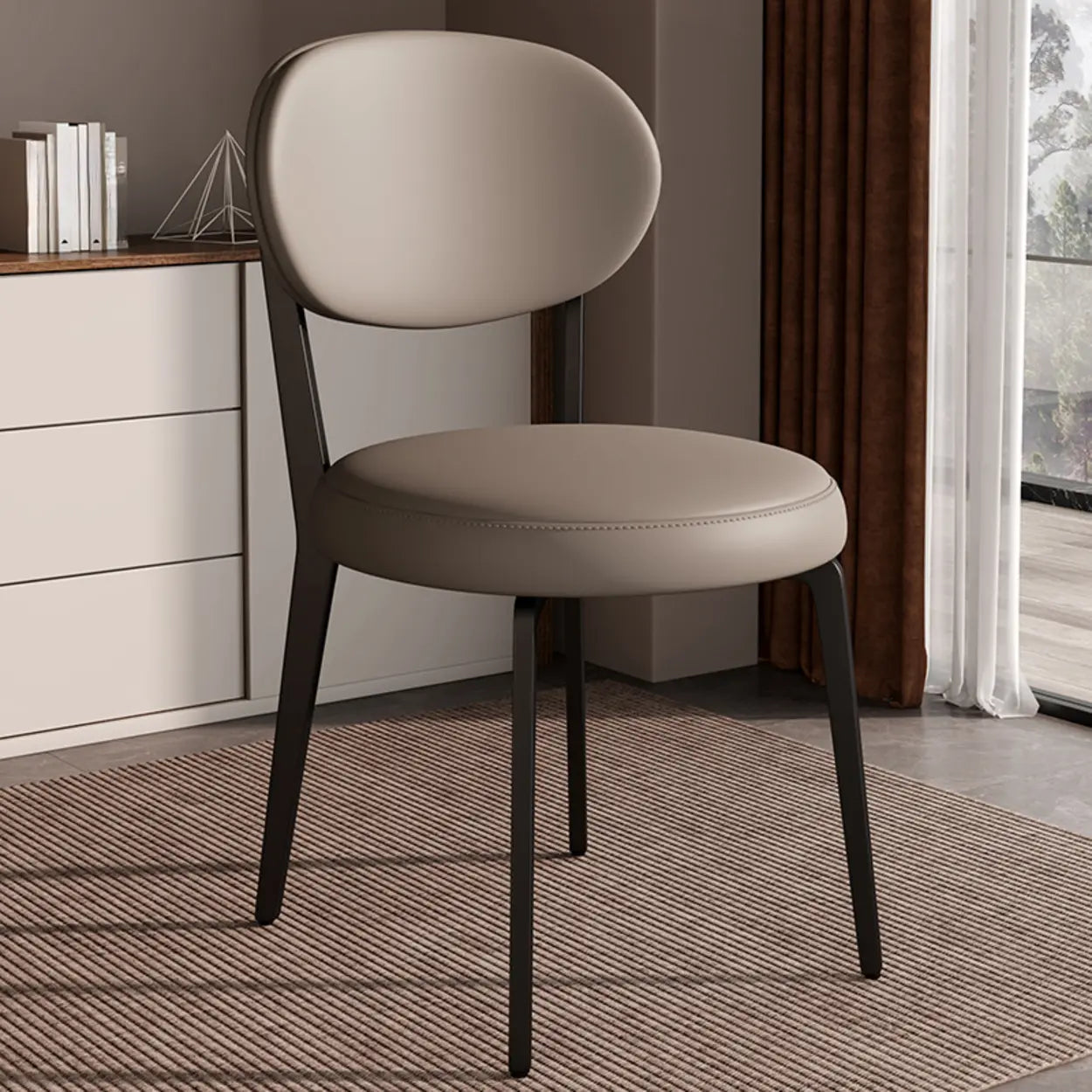 Contemporary Leather Curved Back Dining Chair — Khaki / Black